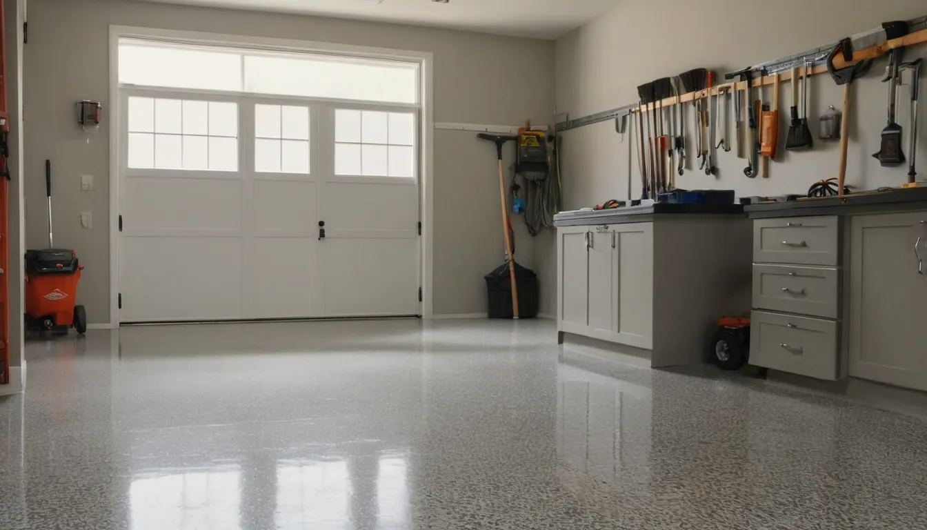 Garage in Annapolis with a freshly coated gray and tan flake epoxy floor and a parked car