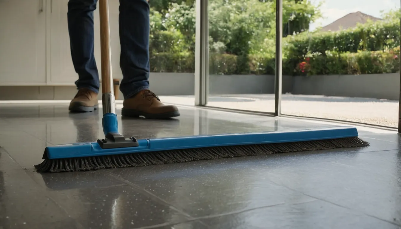 A homeowner mopping a coated garage floor with a soft mop