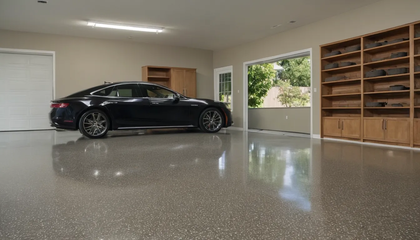 Freshly coated polyaspartic garage floor with a flake finish in a home near Annapolis